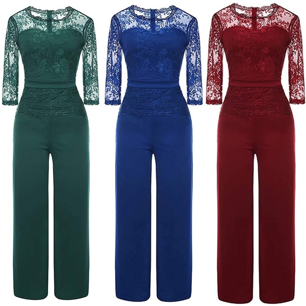 Lace Jumpsuit Women Sexy Wrap Top Wide Leg Long Sleeve Cocktail Lace Casual Jump